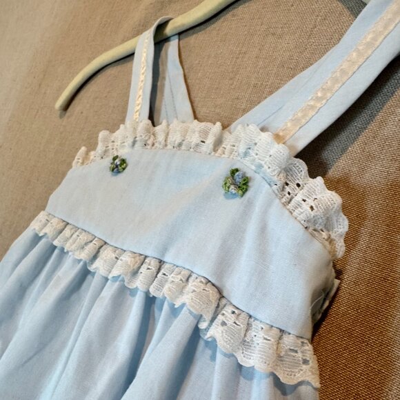 Vintage Evy of California Eyelet Trim Blue Pinafore Dress Baby Girl Size 2T - Picture 2 of 6